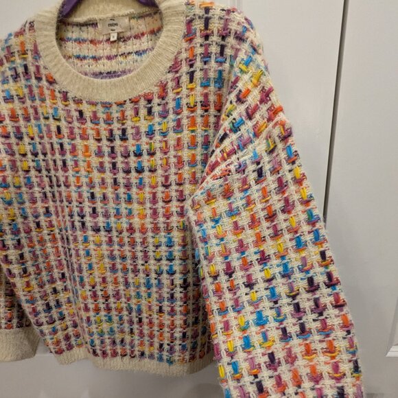 Chunky Knit Pullover Sweater Rainbow Checkered Fuzzy SZ Small - Picture 4 of 9